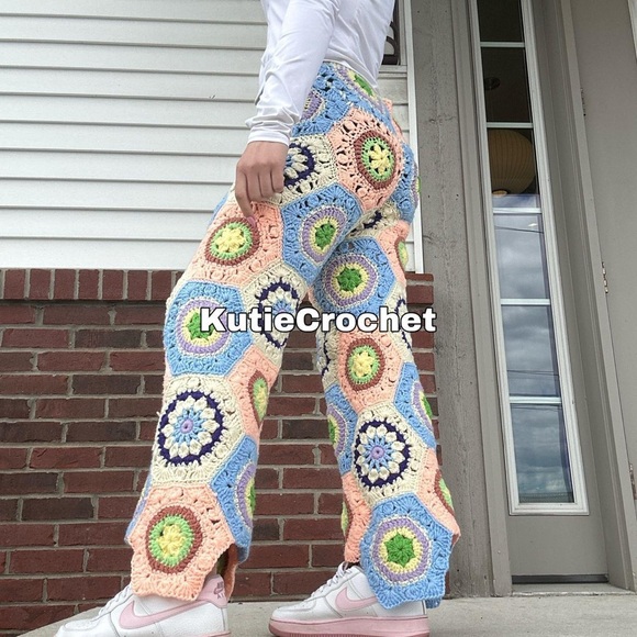 Crochet granny square hexagon patchwork pinterest lounge streetwear pants - Picture 2 of 2